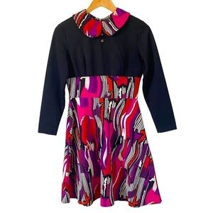 Vintage 60s Psychedelic Print Dress Retro Mod Mini Black Peter Pan Collar Small